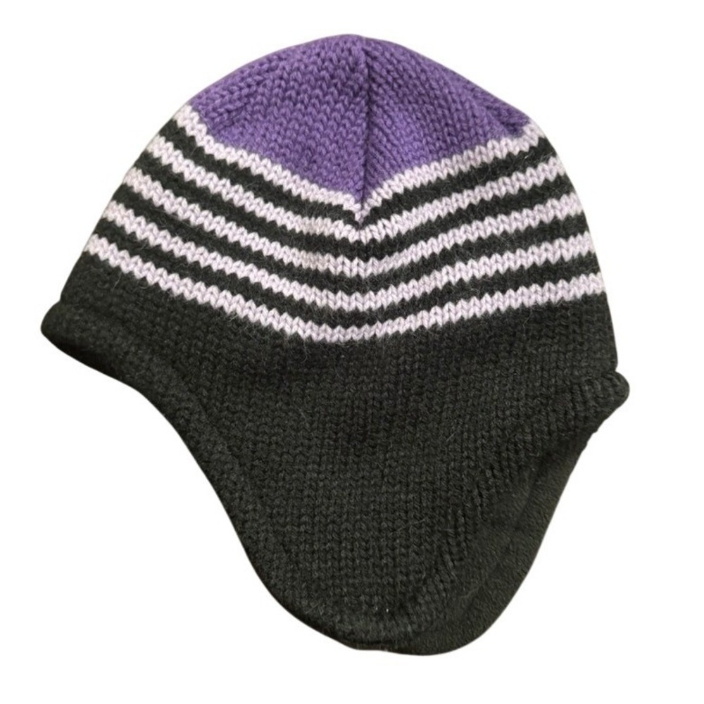 Hot Paws Kids Knit Beanie Hat Purple Black Stripes Ear Flaps Toddler 2-3 Years